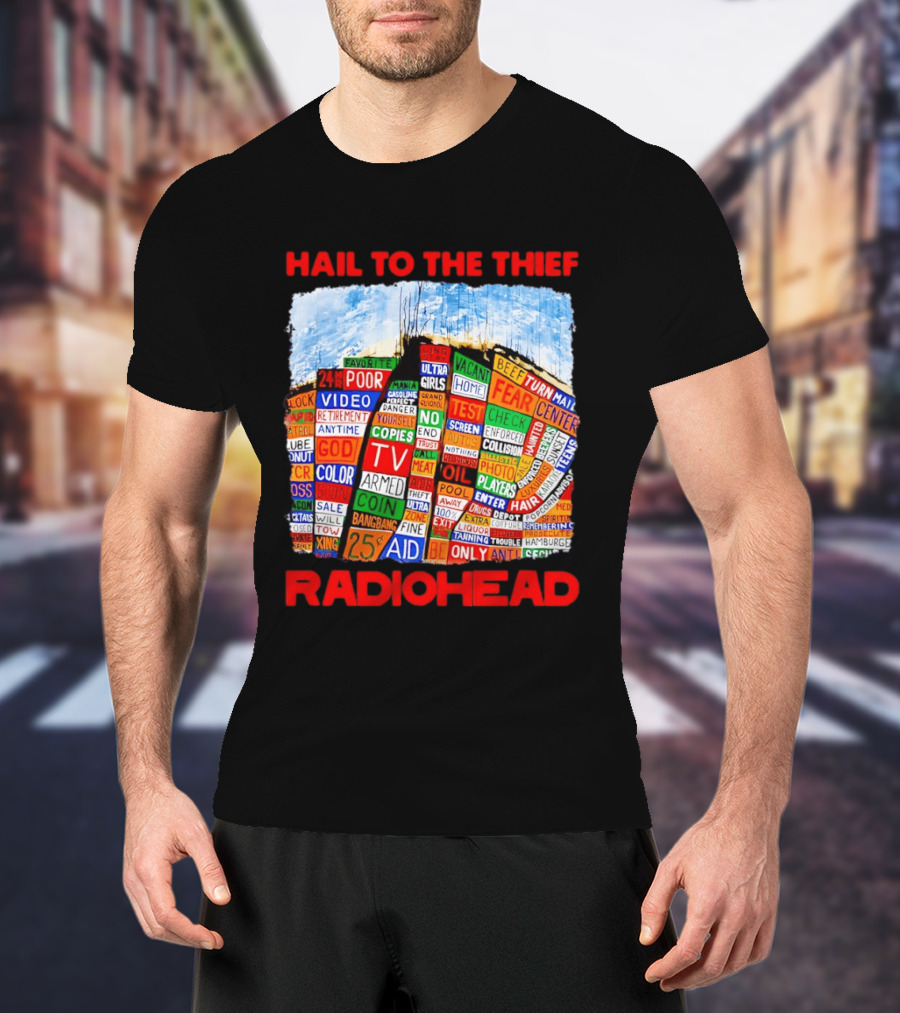 Radiohead Hail To The Thief Album Cover Colorful Text Collage 24HR TV 25 Aid T-Shirt