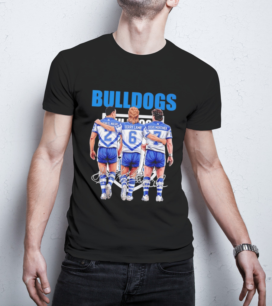 Hazem El Masri Terry Lamb Steve Mortimer Canterbury Bankstown Bulldogs Legends Signatures T-Shirt