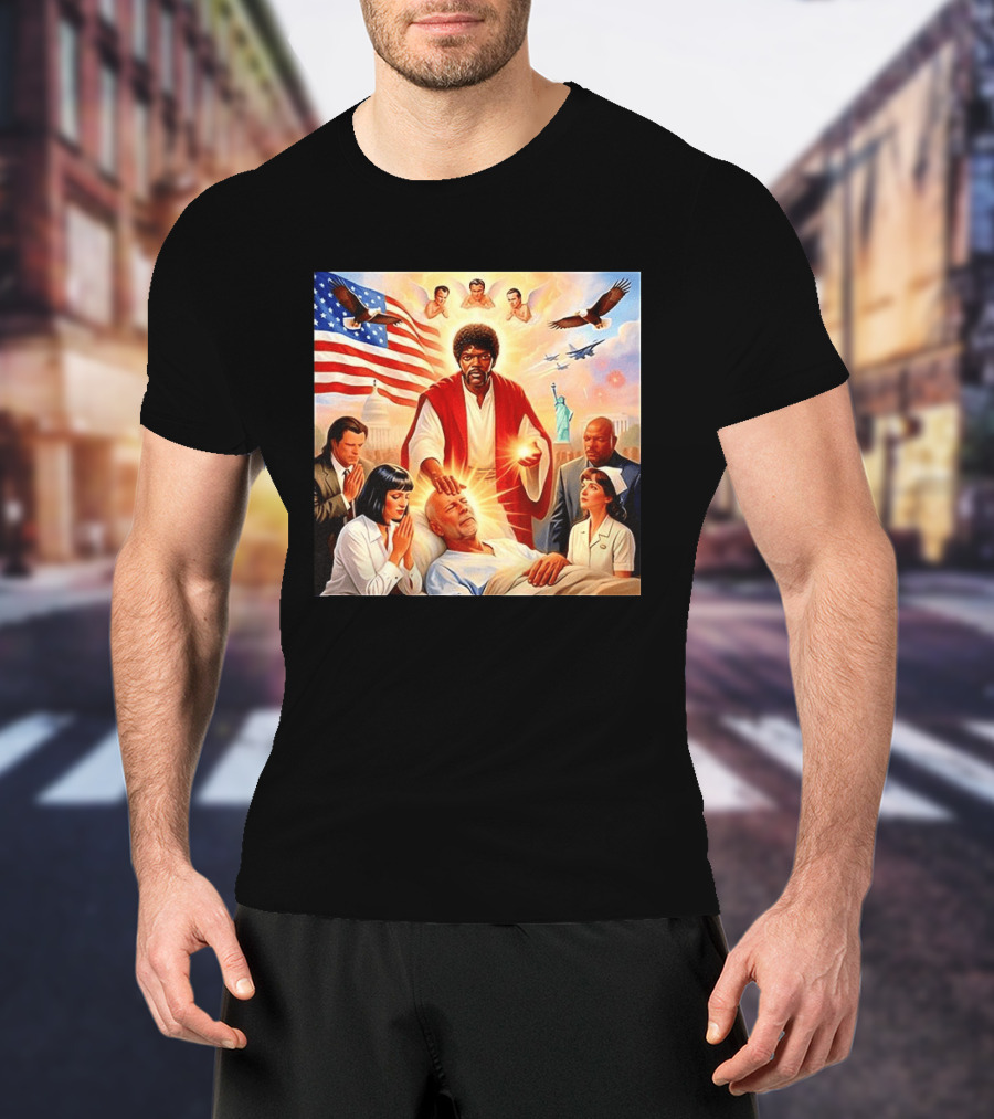 Samuel L. Jackson Exorcism Scene With Bruce Willis And US Patriotic Elements Meme T-Shirt