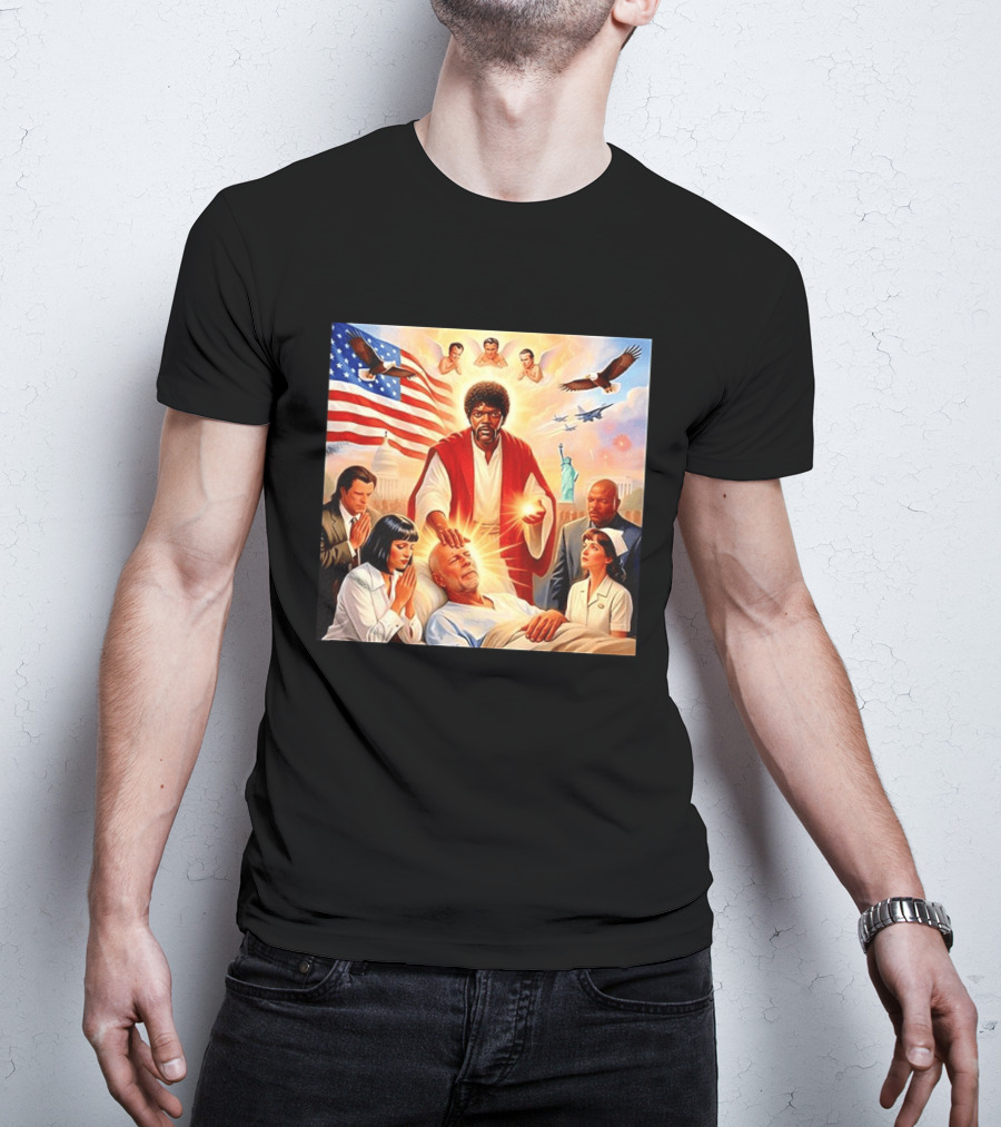 Samuel L. Jackson Exorcism Scene With Bruce Willis And US Patriotic Elements Meme T-Shirt