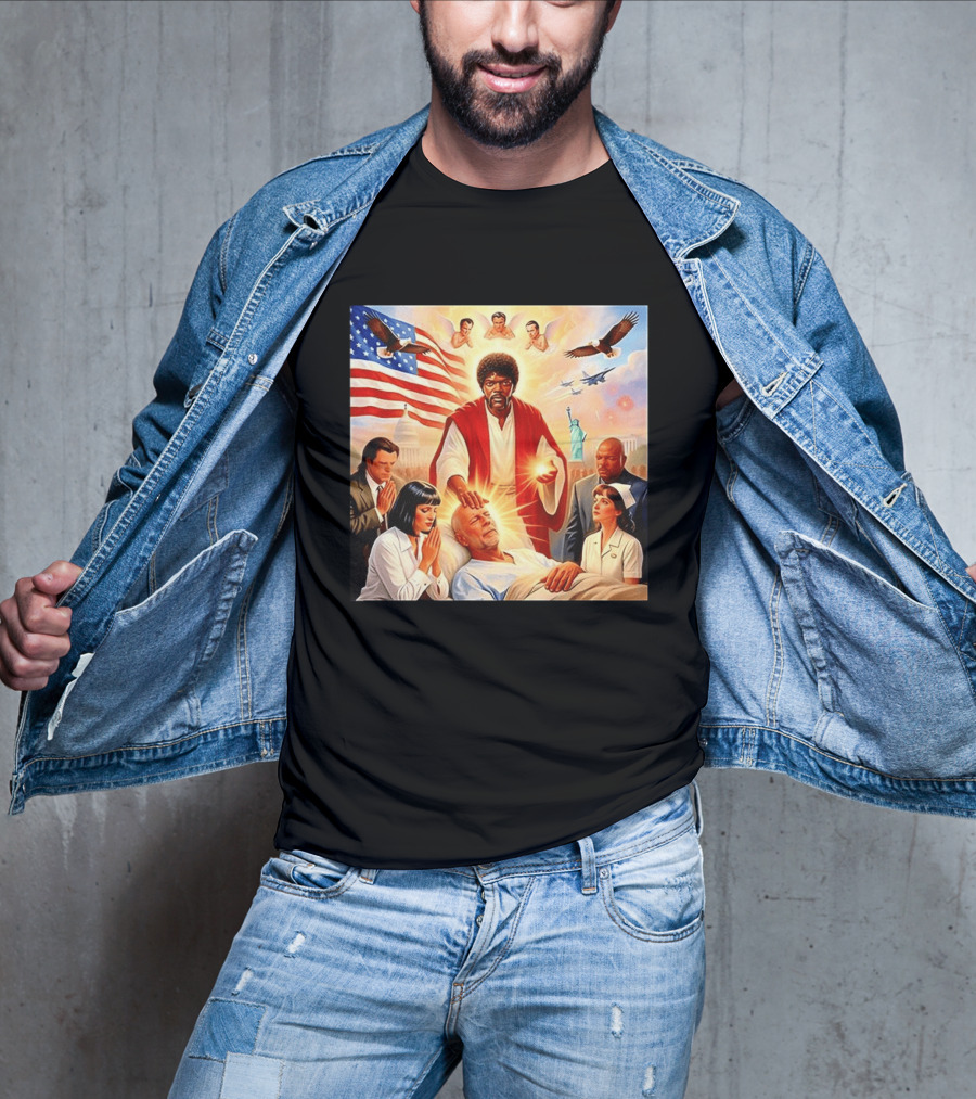 Samuel L. Jackson Exorcism Scene With Bruce Willis And US Patriotic Elements Meme T-Shirt