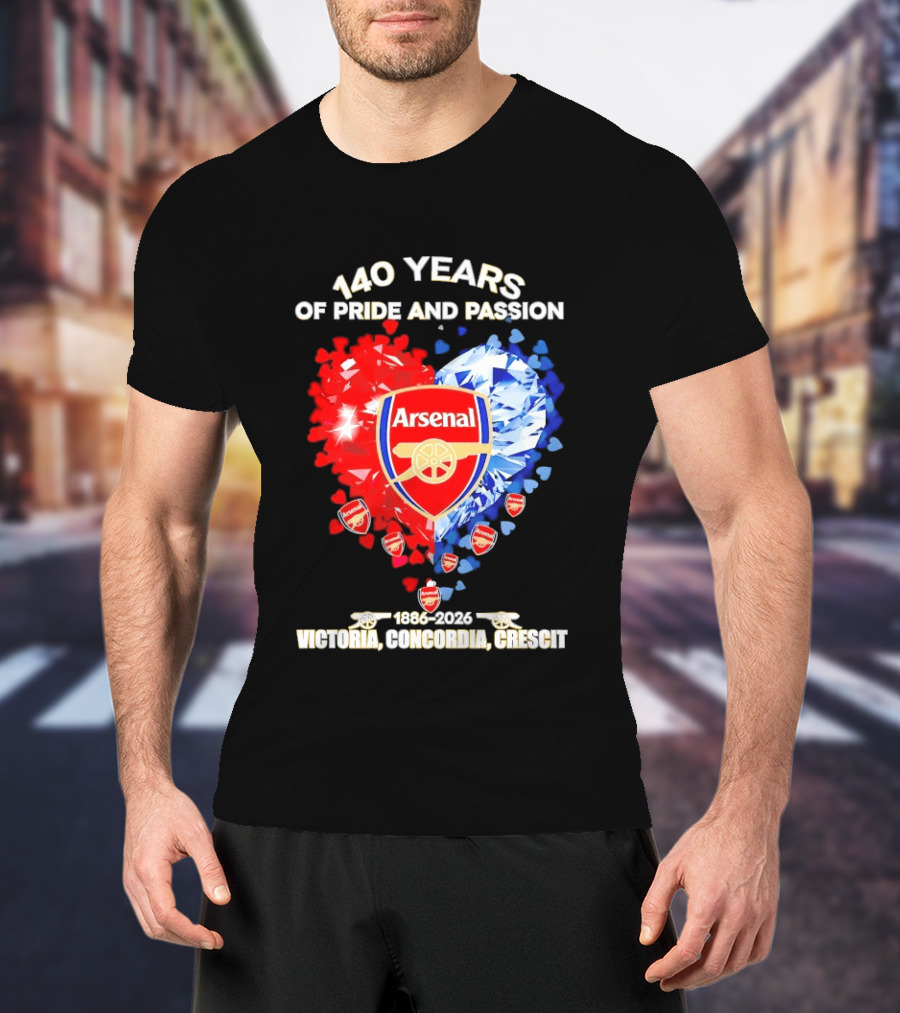 Arsenal 140 Years Of Pride And Passion Victoria Concordia Crescit 1886 2026 Heart Badge Crest T-Shirt