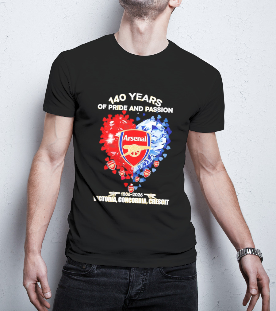 Arsenal 140 Years Of Pride And Passion Victoria Concordia Crescit 1886 2026 Heart Badge Crest T-Shirt