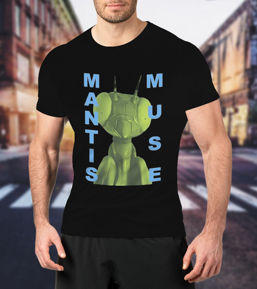 David Shrigley Mantis Muse Green Illustration With Blue T-Shirt