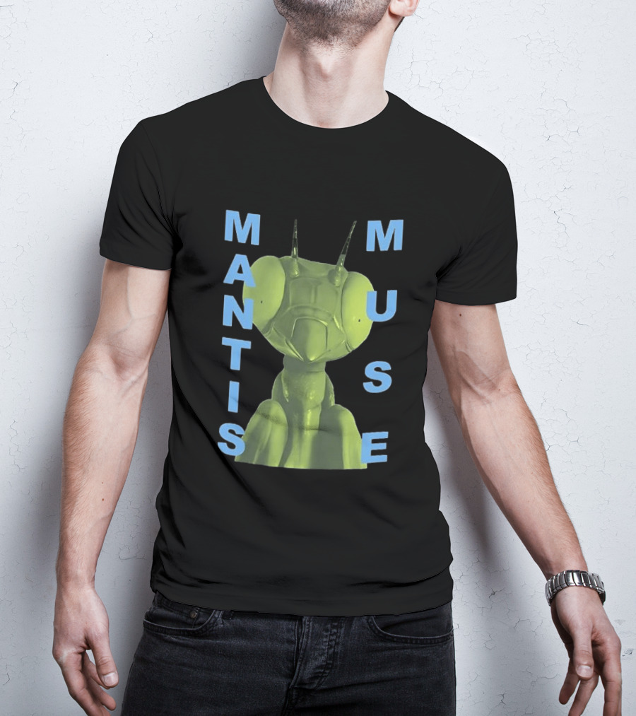 David Shrigley Mantis Muse Green Illustration With Blue T-Shirt