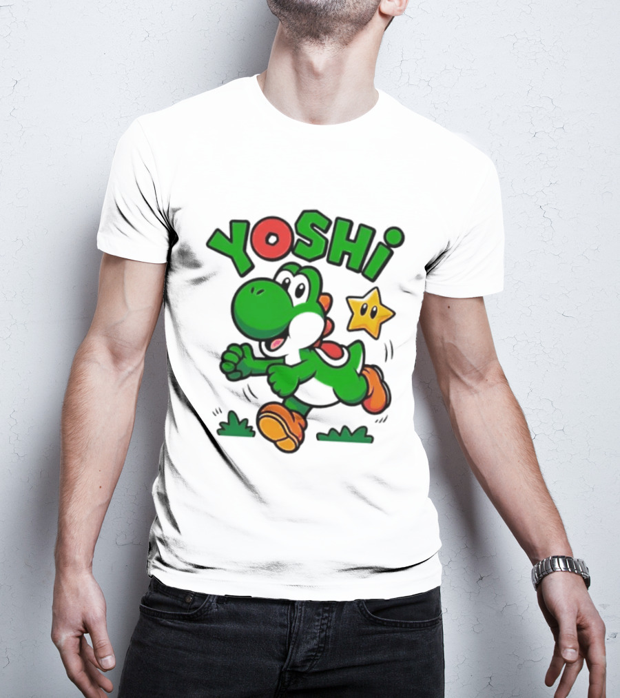 Yoshi Super Mario Green Dinosaur Running With Star T-Shirt