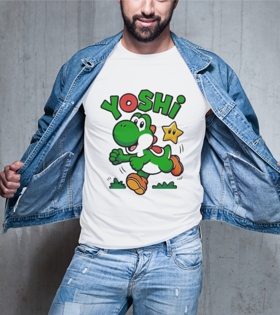 Yoshi Super Mario Green Dinosaur Running With Star T-Shirt