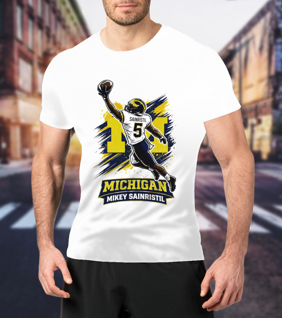 Michigan Mikey Sainristil Catching Football Wolverines Player T-Shirt