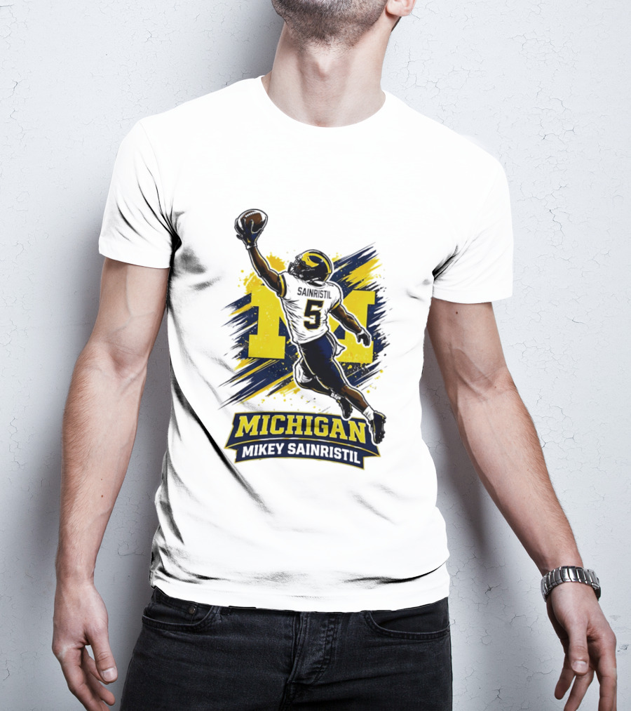 Michigan Mikey Sainristil Catching Football Wolverines Player T-Shirt