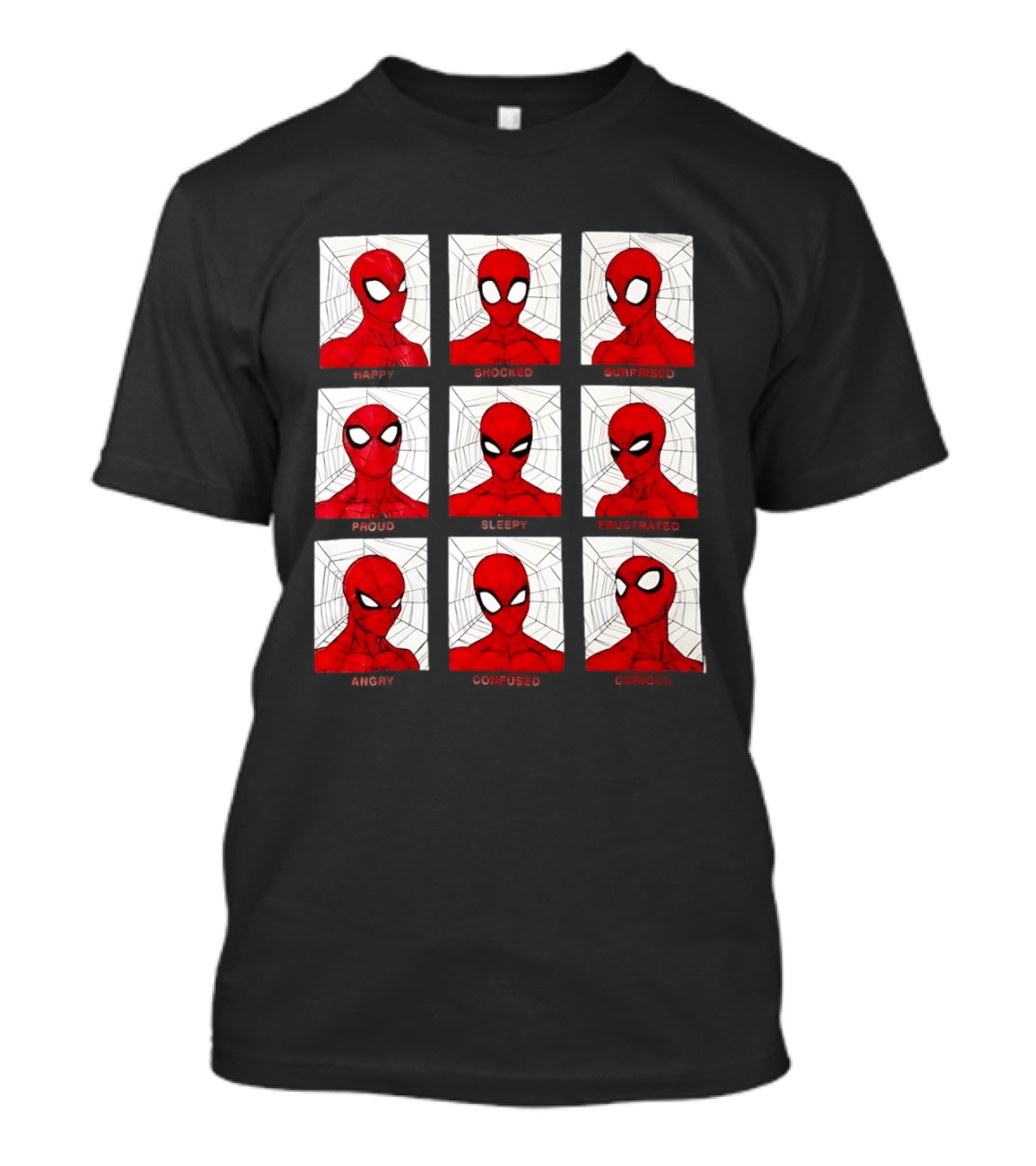 Spider Man Emotional States Happy Shocked Surprised Proud Sleepy Frustrated Angry Confused Curious T-Shirt