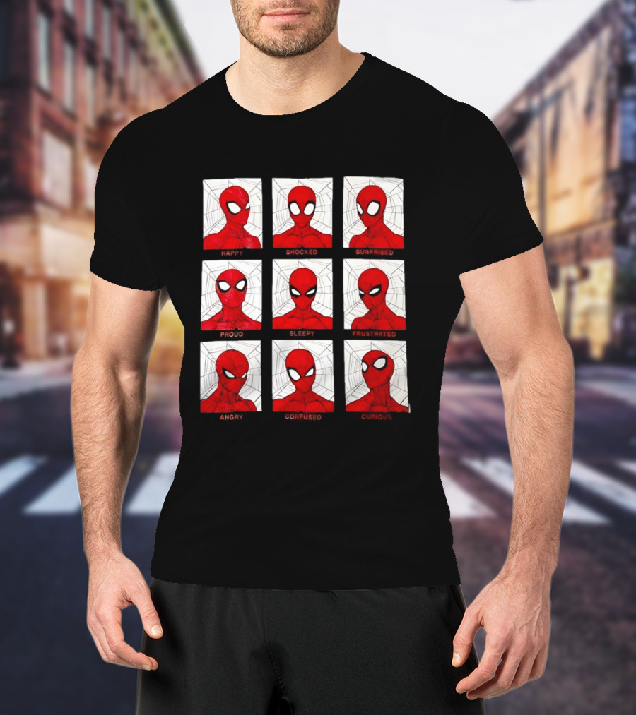 Spider Man Emotional States Happy Shocked Surprised Proud Sleepy Frustrated Angry Confused Curious T-Shirt