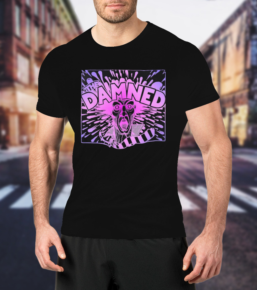 THE DAMNED Horror Face Neon Splatter Purple Black T-Shirt