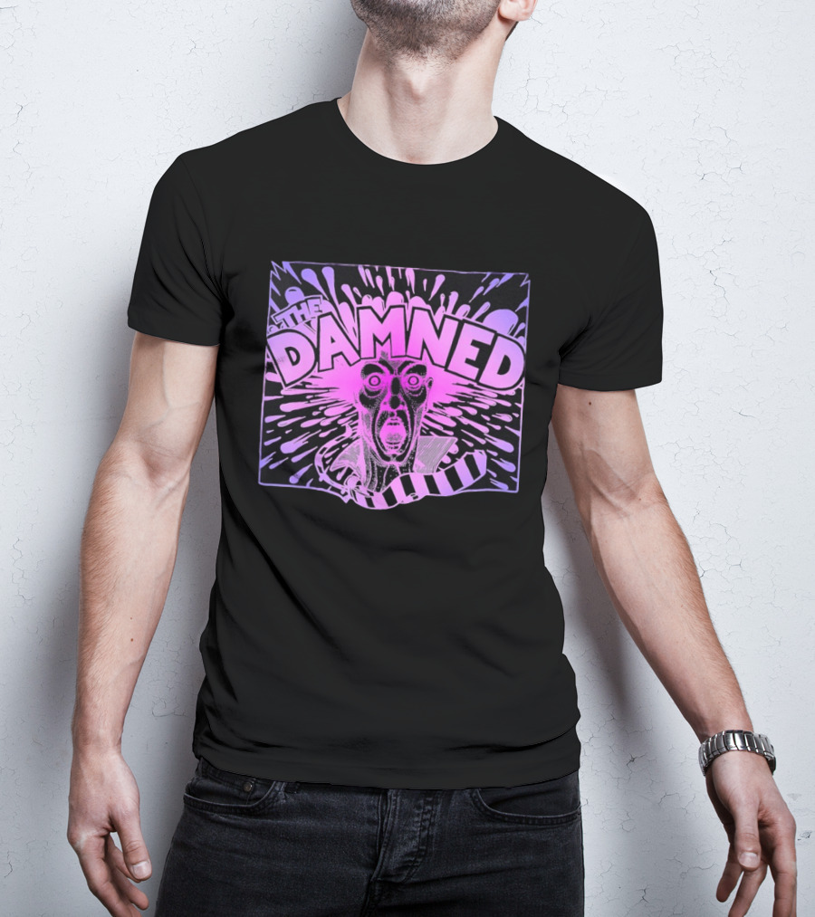 THE DAMNED Horror Face Neon Splatter Purple Black T-Shirt