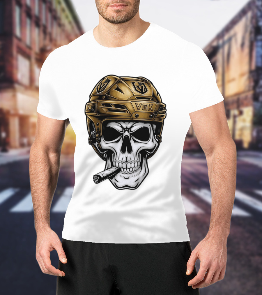 VGK Skull Helmet Vegas Golden Knights Smoking Cigar T-Shirt