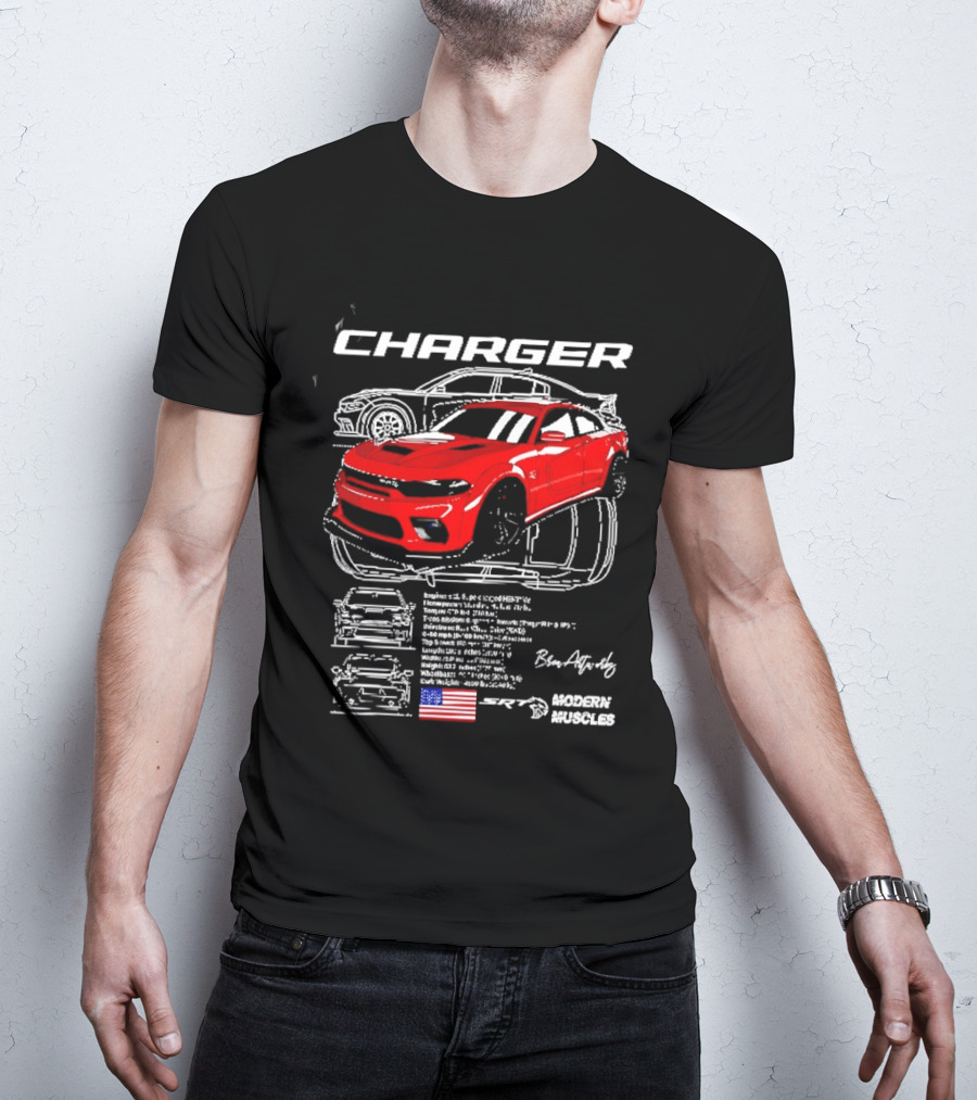 Dodge Charger Hellcat Red Modern Muscles Blueprint USA Flag T-Shirt