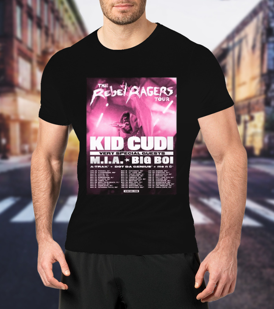 The Rebel Ragers Tour Kid Cudi 2026 Featuring M.I.A. Big Boi A Trak Dot Da Genius Tour Dates T-Shirt