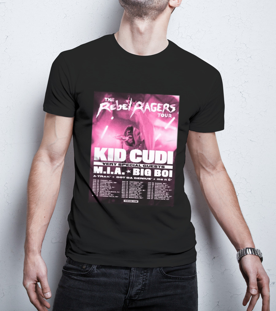 The Rebel Ragers Tour Kid Cudi 2026 Featuring M.I.A. Big Boi A Trak Dot Da Genius Tour Dates T-Shirt
