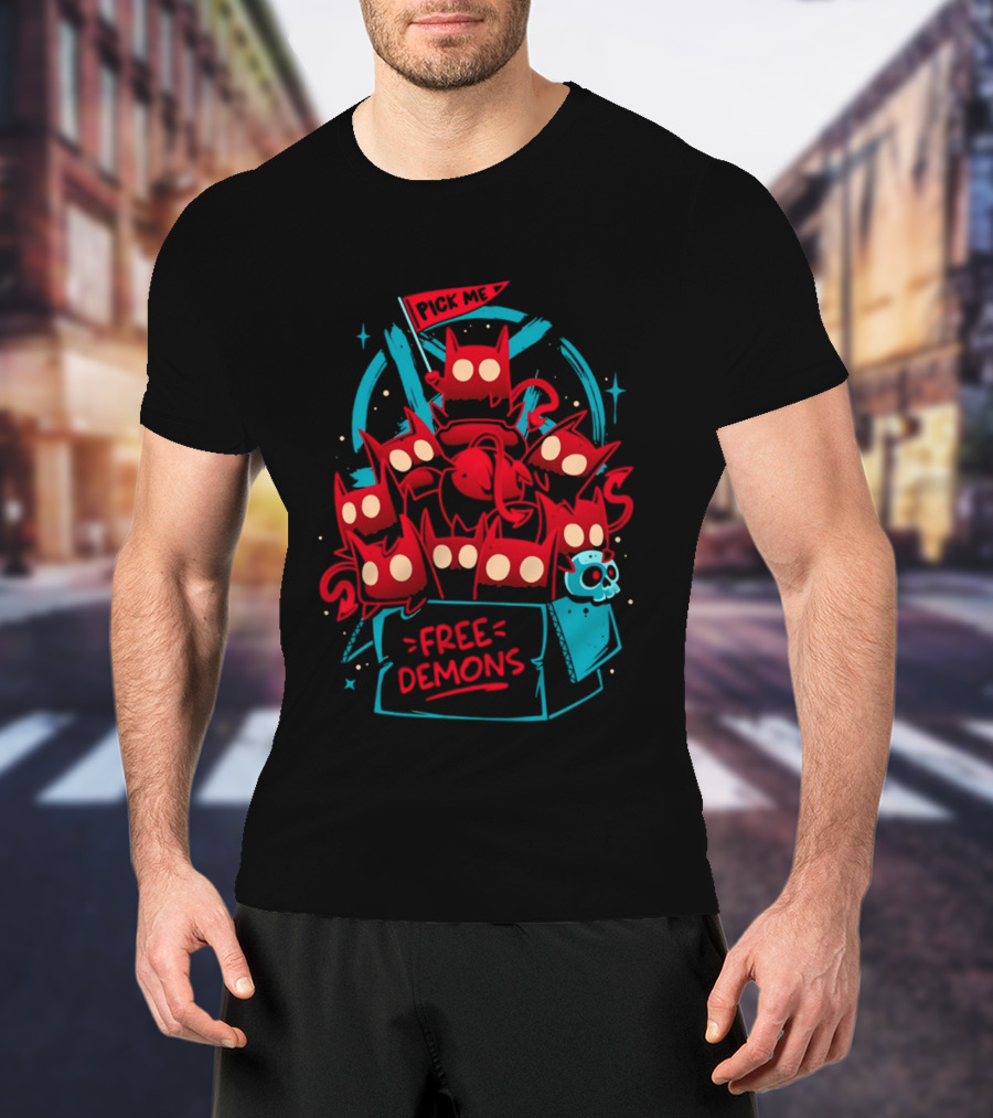 Free Demons Box Pick Me Red Monsters Cute Cartoon T-Shirt