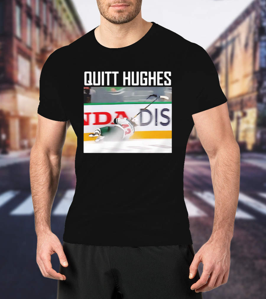 Quitt Hughes Hockey Player Falling Action Moment T-Shirt