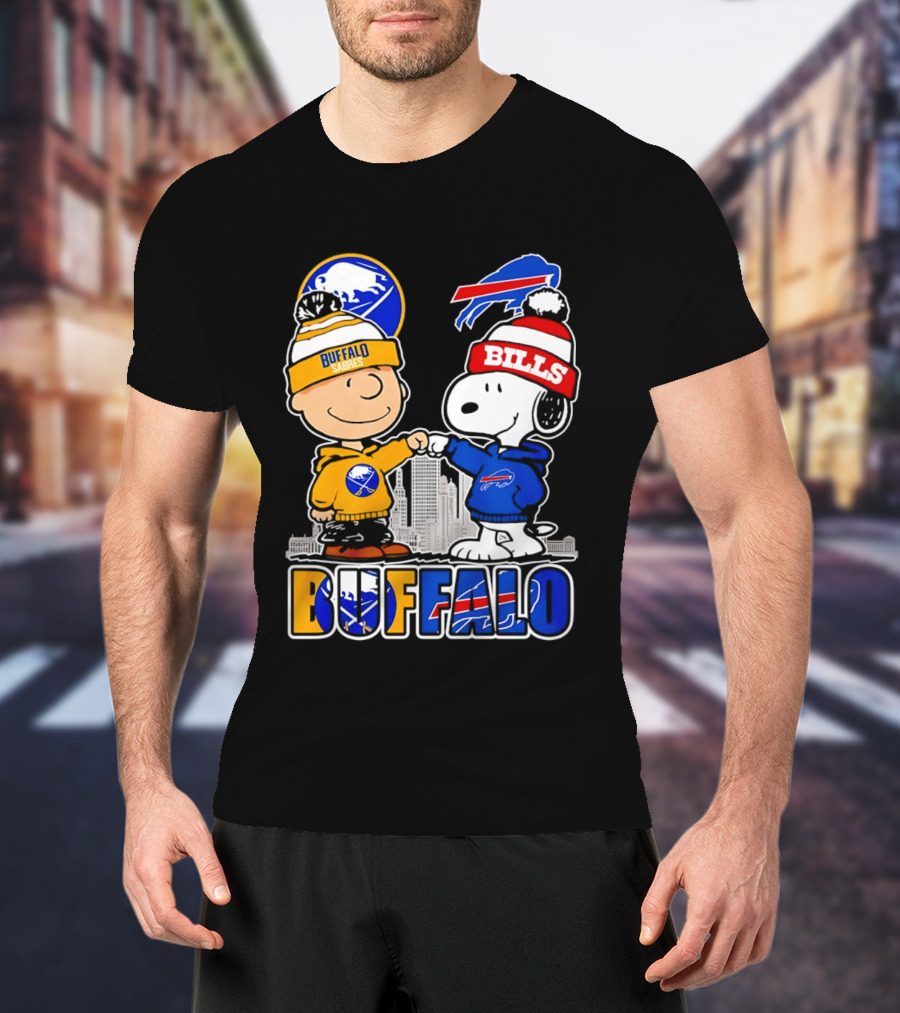 Buffalo Sabres Bills Snoopy City Skyline Collaboration With Charlie Brown T-Shirt