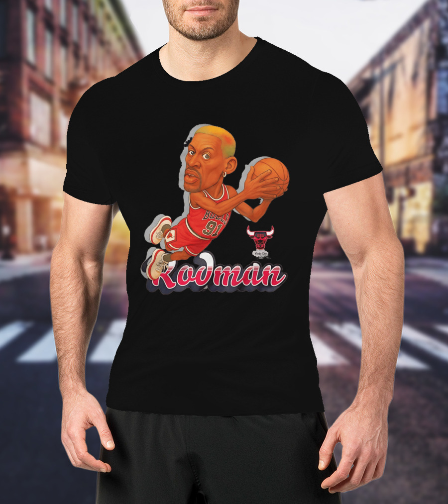 Dennis Rodman Chicago Bulls 91 Fickett Classics Windy City Cartoon T-Shirt