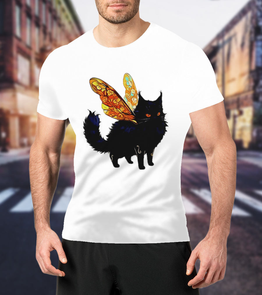 Black Cat With Colorful Fairy Wings Fantastical T-Shirt