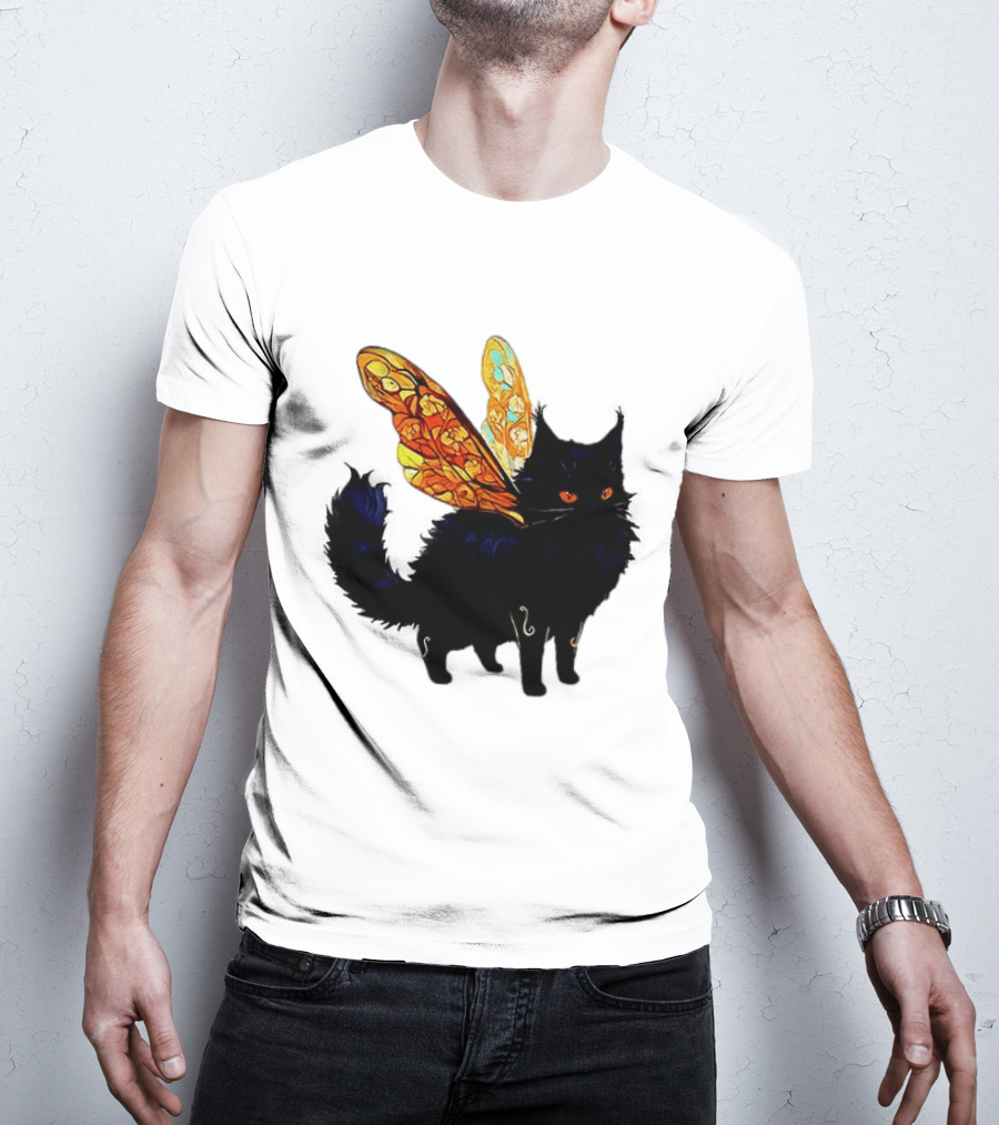 Black Cat With Colorful Fairy Wings Fantastical T-Shirt