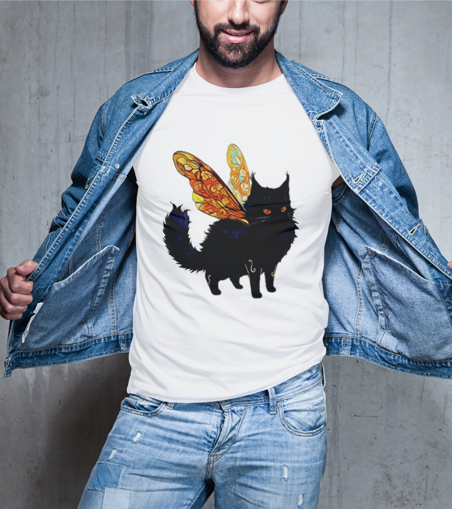 Black Cat With Colorful Fairy Wings Fantastical T-Shirt