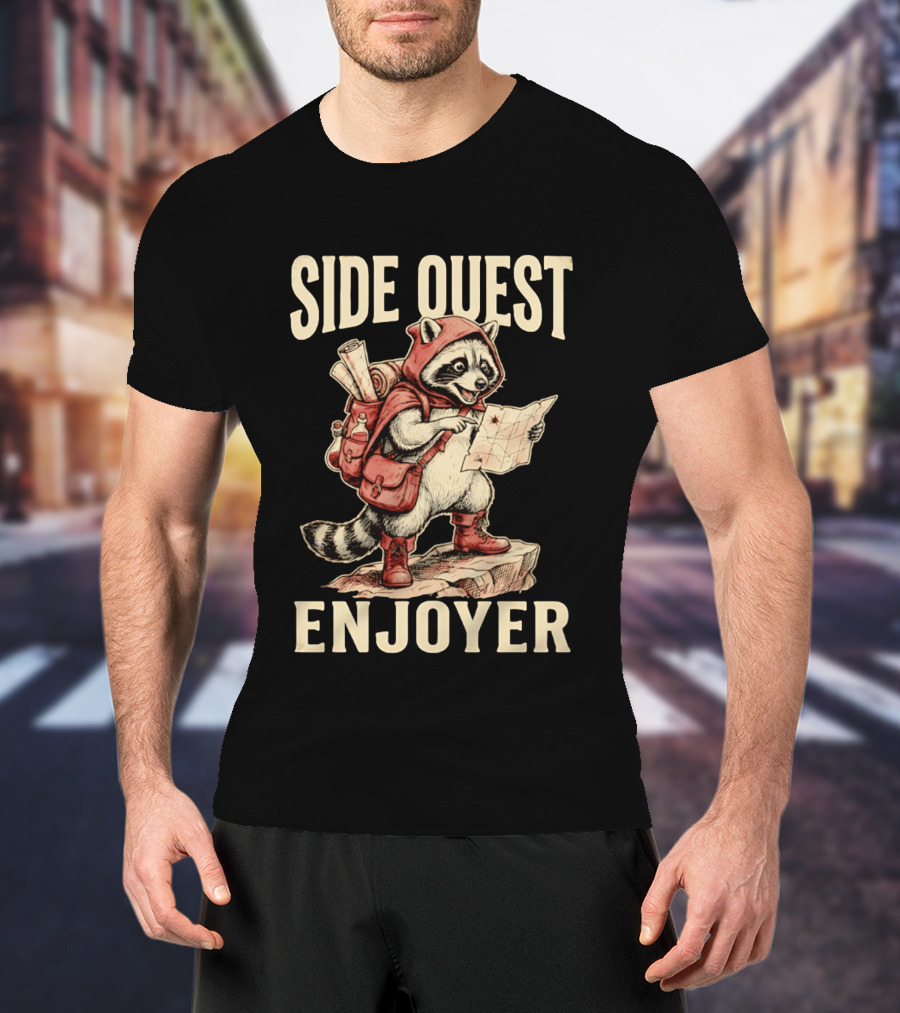 Side Quest Enjoyer Adventurer Raccoon With Map And Backpack T-Shirt