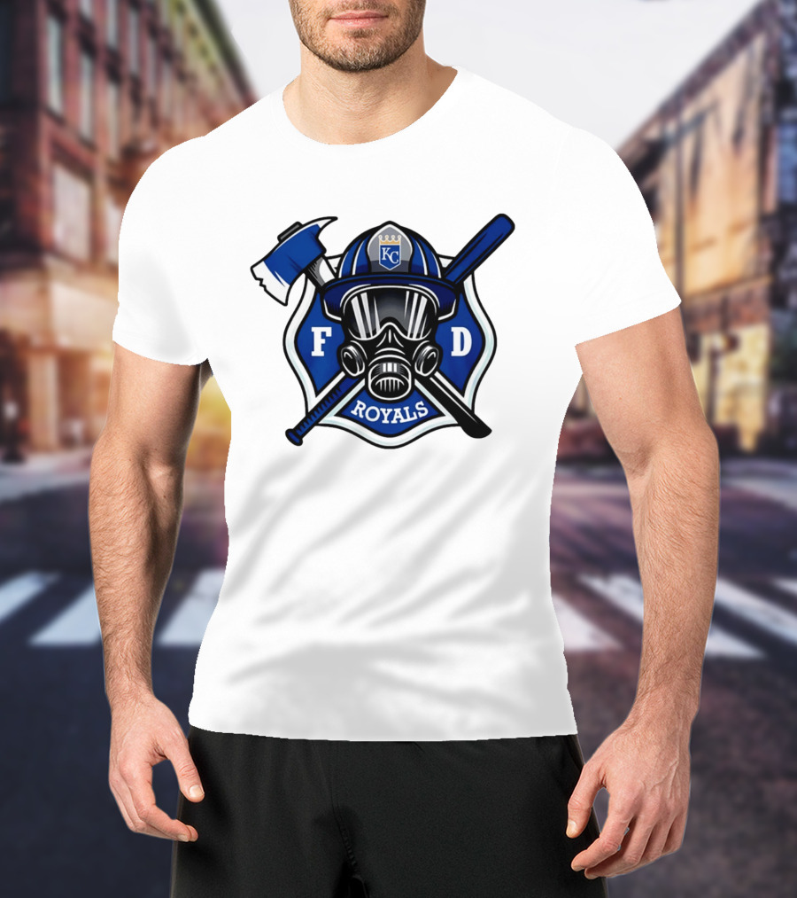 Kansas City Royals Firefighter FD Helmet Gas Mask Axe Bat T-Shirt