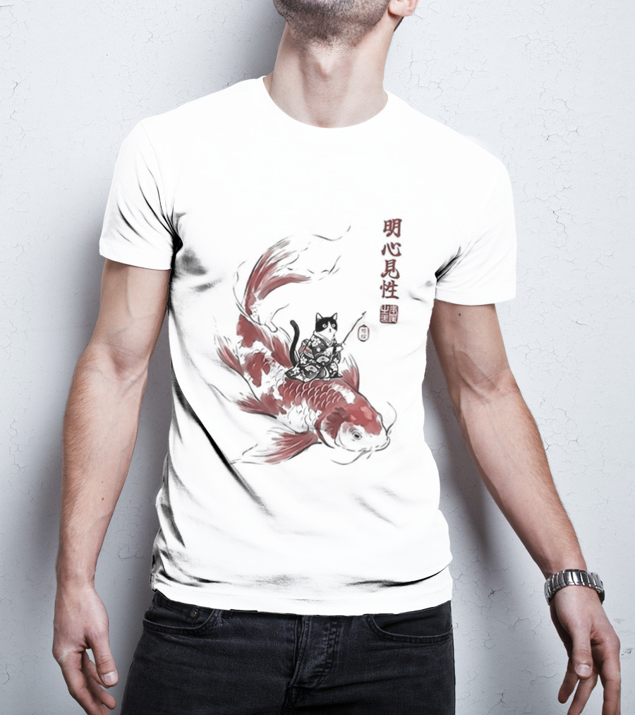 Kimono Cat Riding Koi Fish Classical Japanese T-Shirt