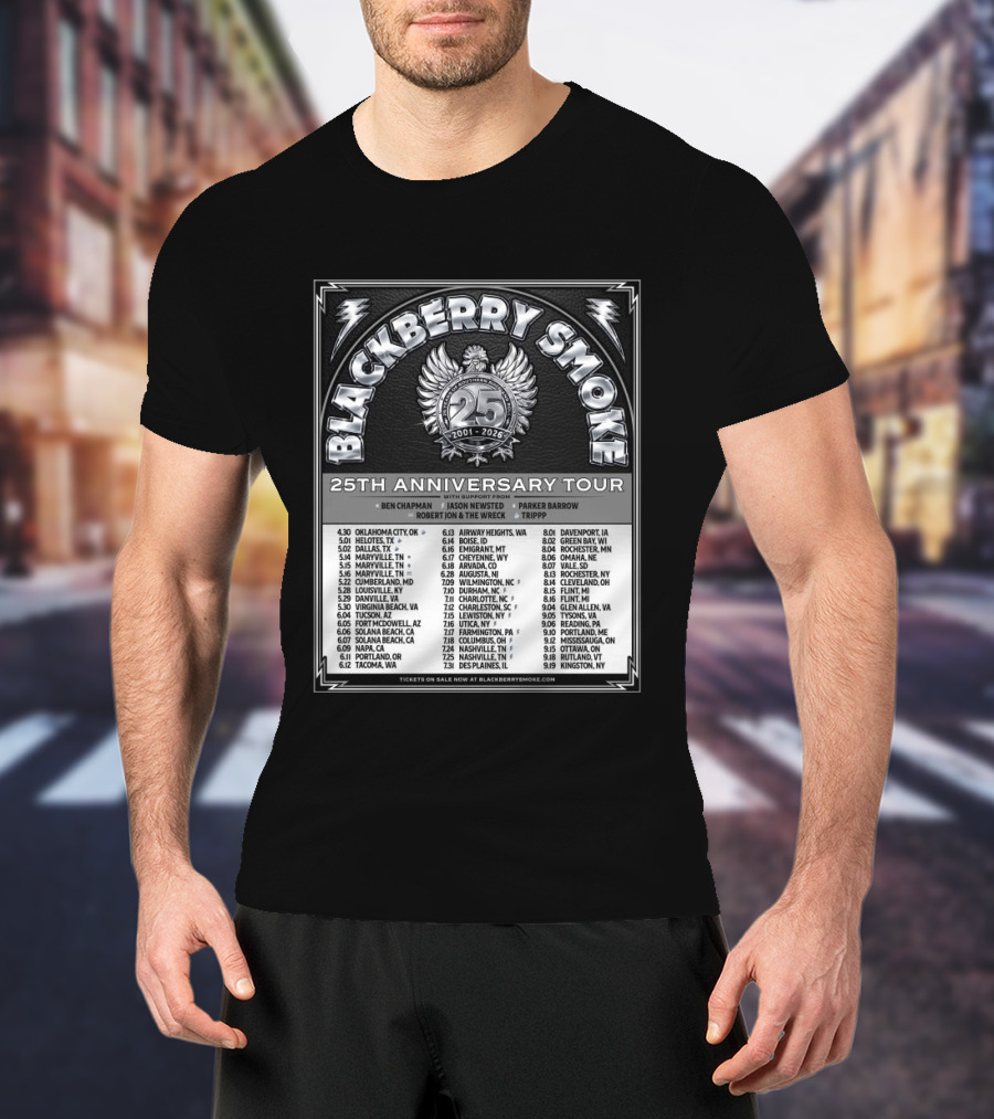 Blackberry Smoke 25th Anniversary Tour 2024 With Ben Chapman And Jason Newsted Featuring Parker Barrow And Robert Jon & The Wreck T-Shirt