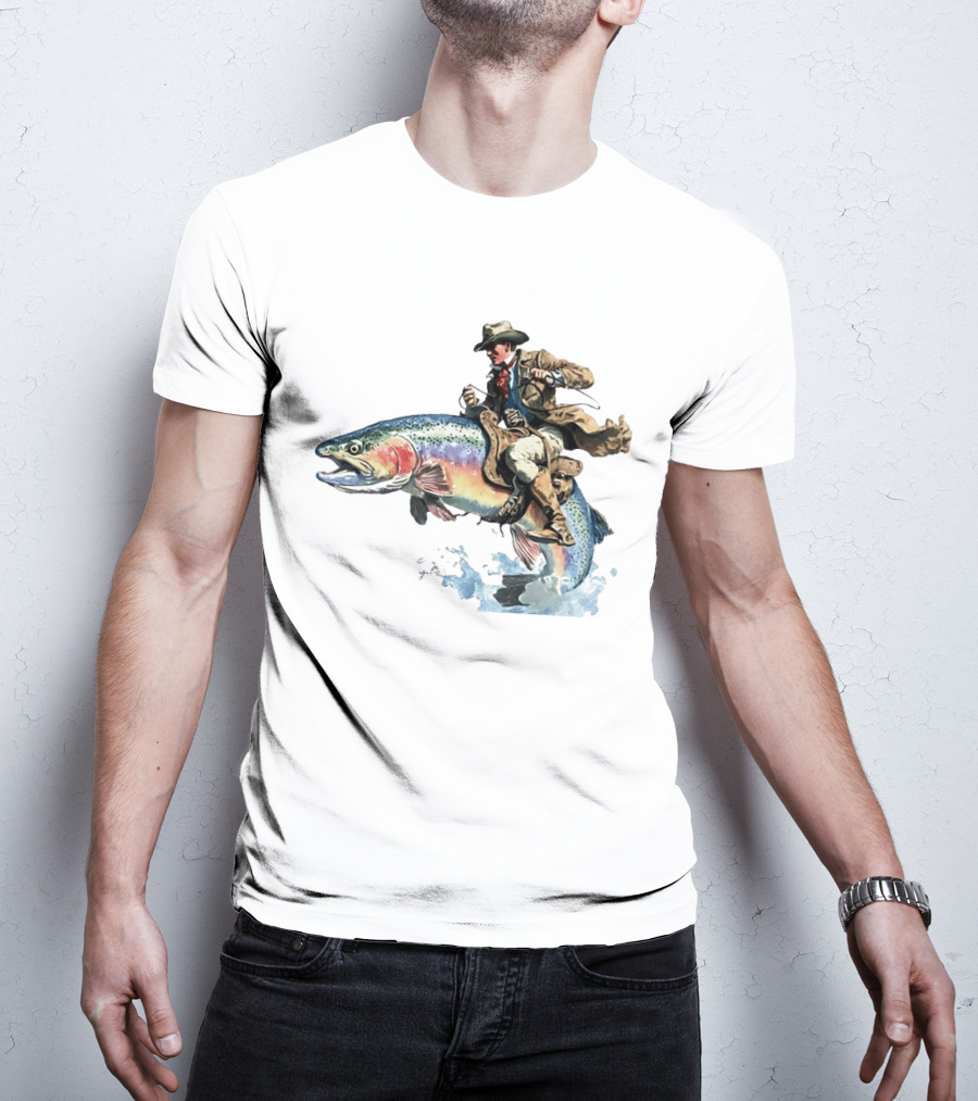 Cowboy Riding Rainbow Trout Adventure Scene T-Shirt