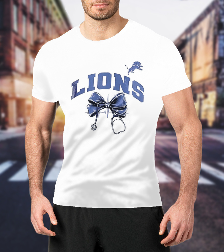 Detroit Lions Nurse By Heart By Soul With Stethoscope And Bow T-Shirt