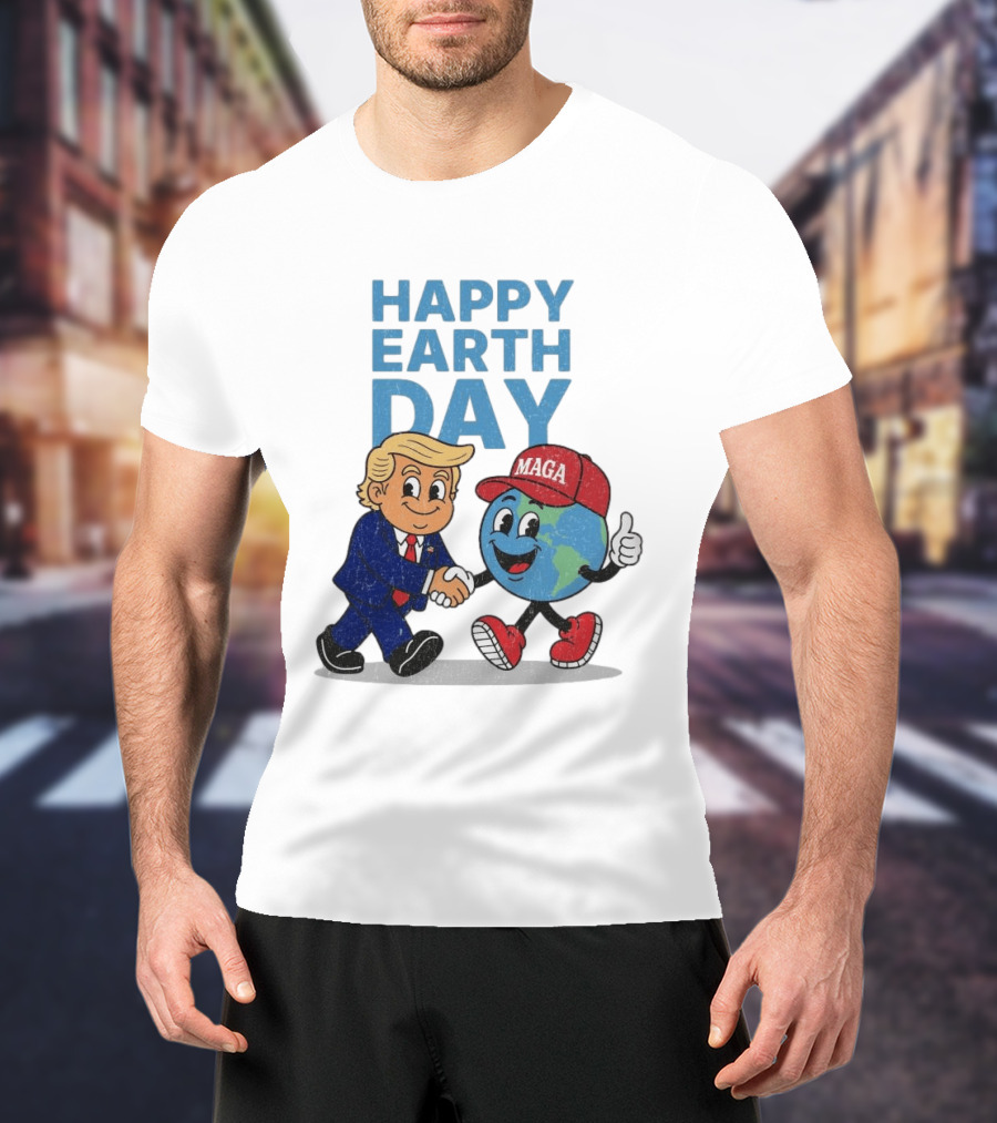 Happy Earth Day Trump MAGA Earth Cartoon Shaking Hands T-Shirt
