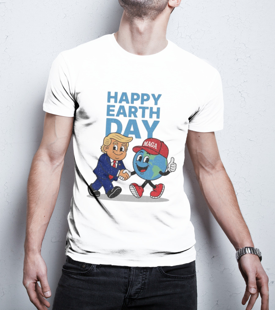 Happy Earth Day Trump MAGA Earth Cartoon Shaking Hands T-Shirt