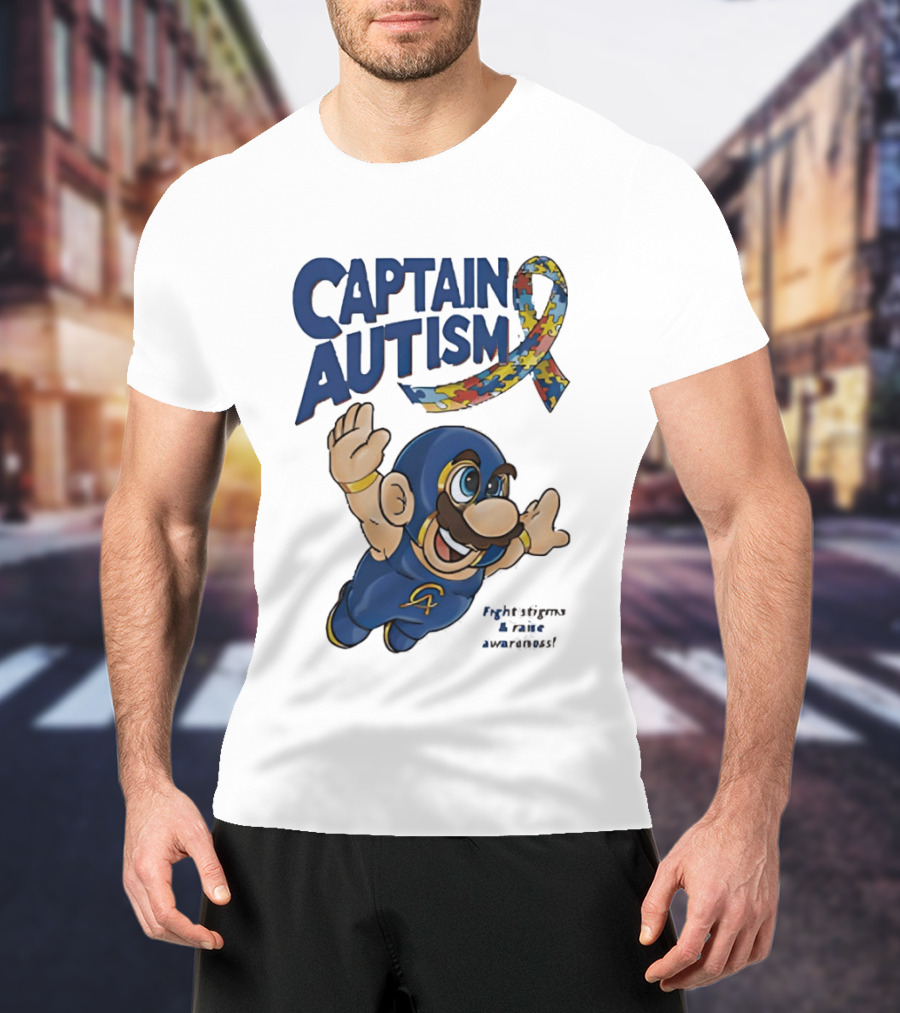 Captain Autism Super Mario Puzzle Ribbon Flying Awareness T-Shirt