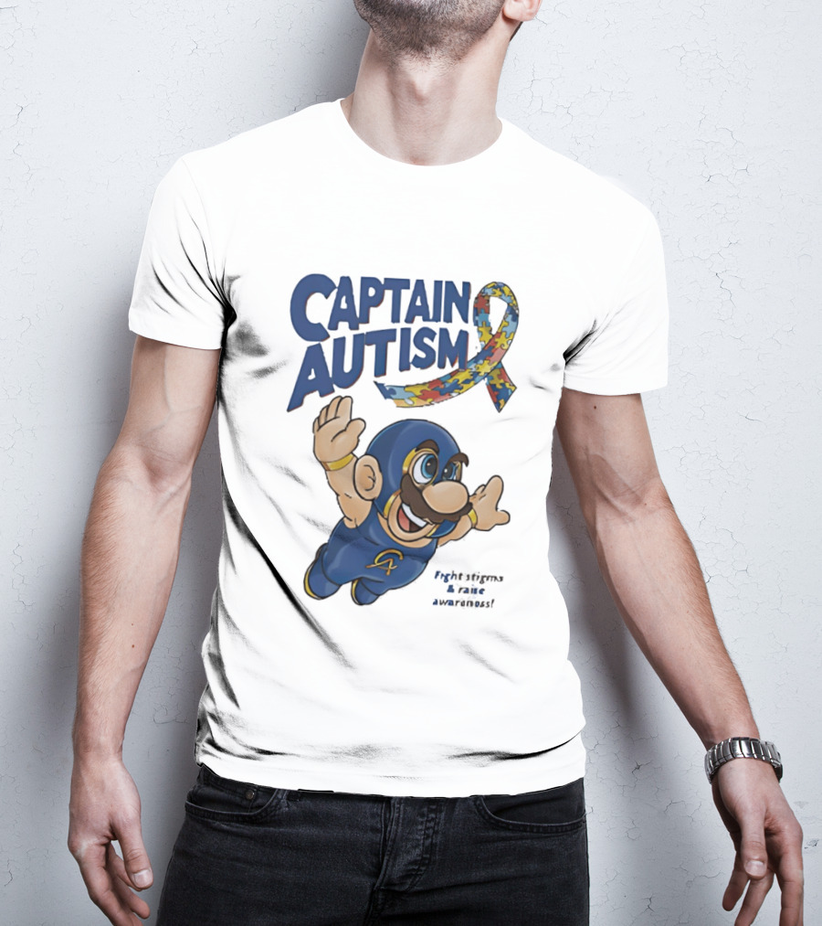 Captain Autism Super Mario Puzzle Ribbon Flying Awareness T-Shirt
