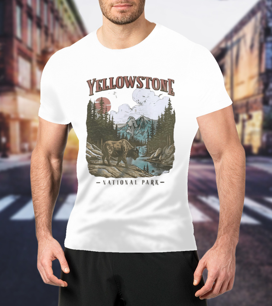 Yellowstone National Park Wild Buffalo By Stream Scenic Landscape T-Shirt