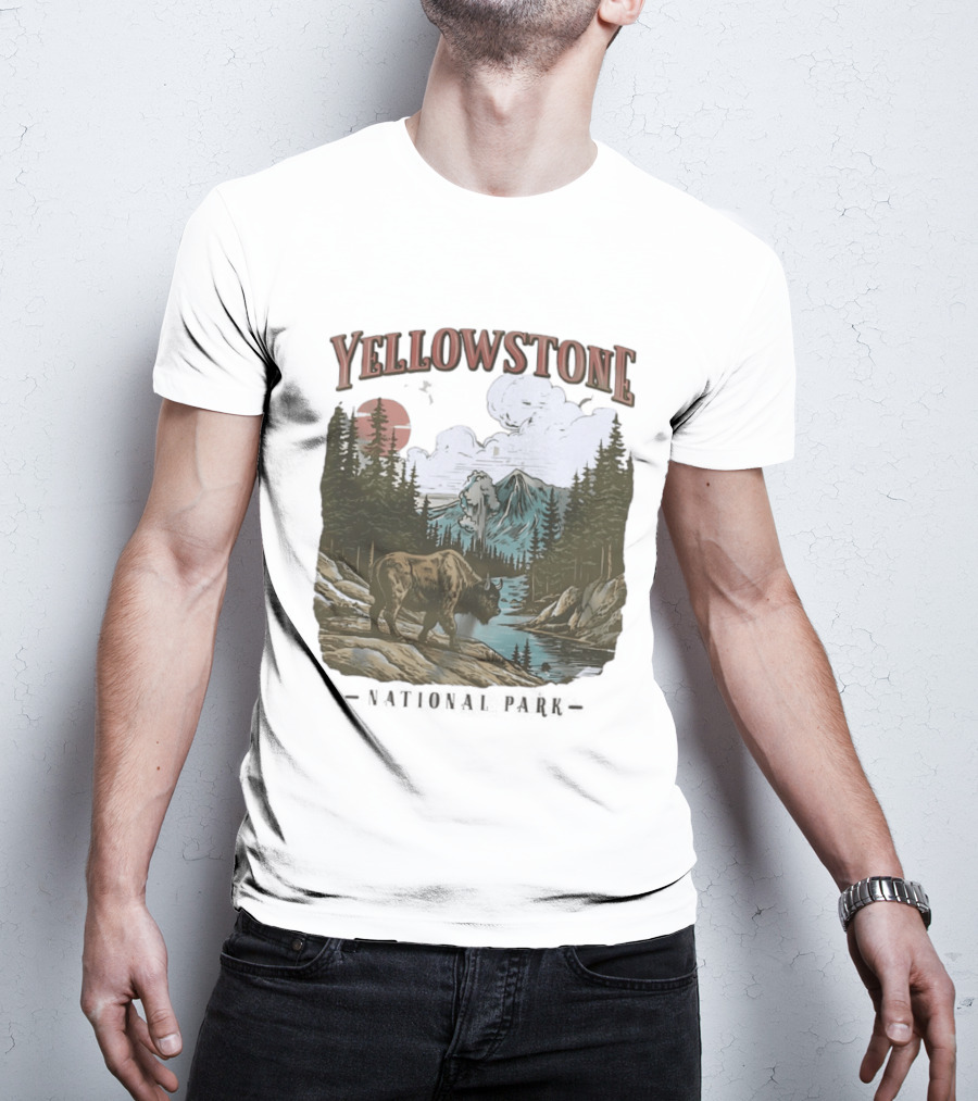 Yellowstone National Park Wild Buffalo By Stream Scenic Landscape T-Shirt