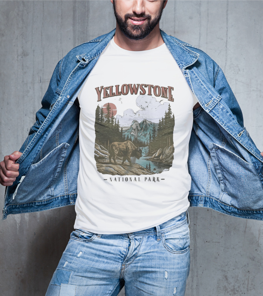 Yellowstone National Park Wild Buffalo By Stream Scenic Landscape T-Shirt