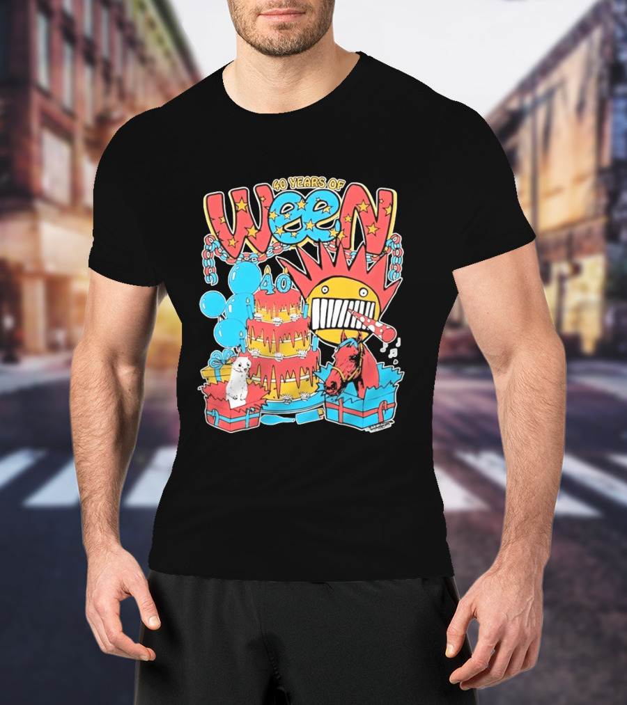40 Years Of Ween Celebration Cake Balloons Dog Horse Black Sun Mask T-Shirt