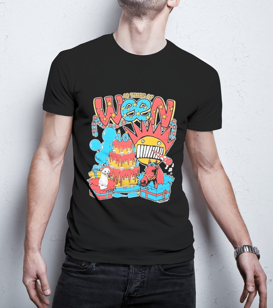 40 Years Of Ween Celebration Cake Balloons Dog Horse Black Sun Mask T-Shirt