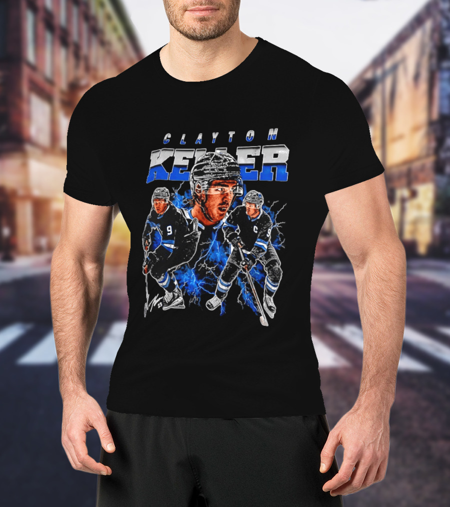 Clayton Keller 9 Utah Mammoth Ice Hockey Player Blue Lightning T-Shirt