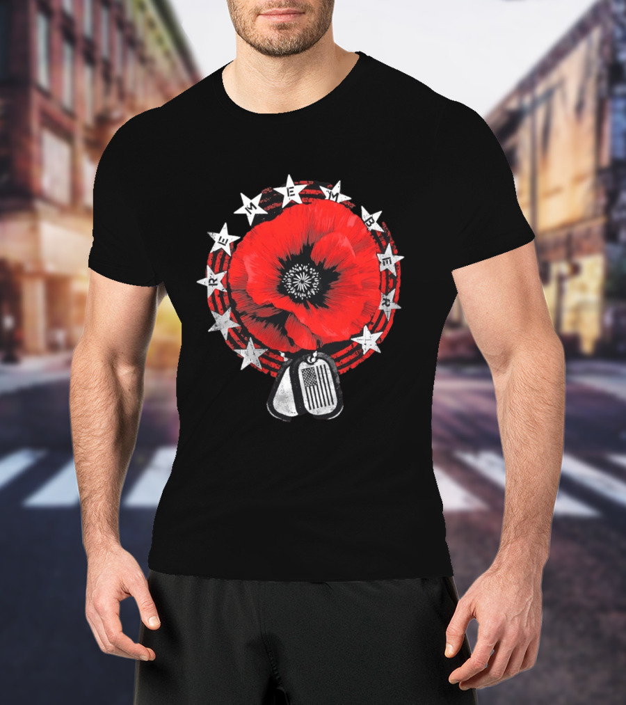 Remember Poppy 2026 American Flag Dog Tags Stars T-Shirt