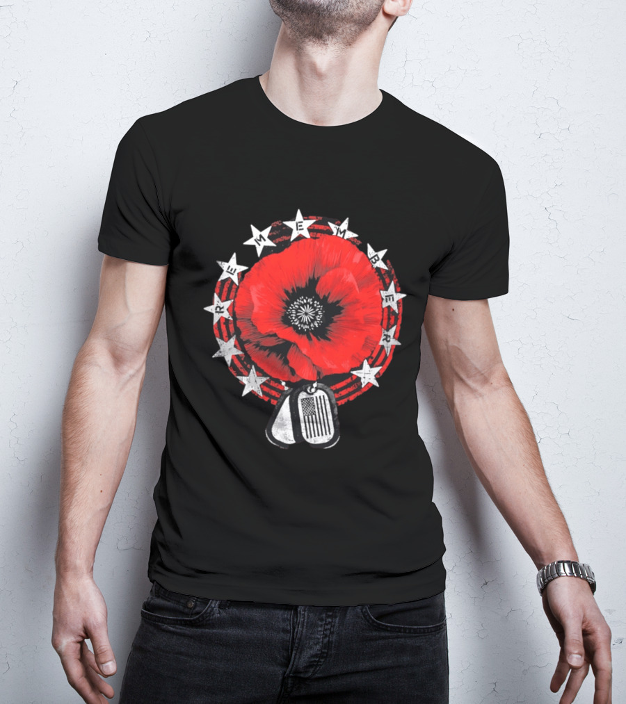 Remember Poppy 2026 American Flag Dog Tags Stars T-Shirt