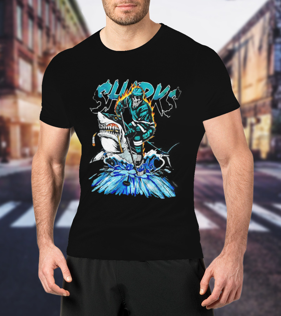 San Jose Sharks 90s Hockey Skull Flames Ice Shark Rider T-Shirt