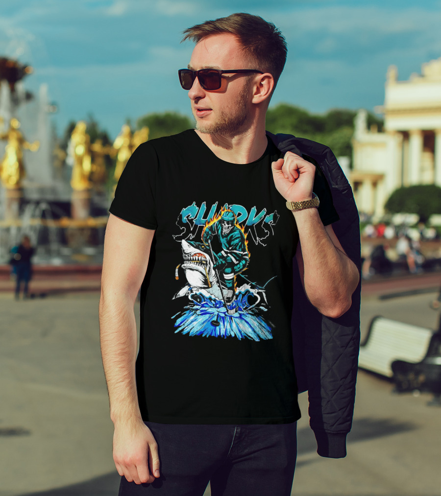 San Jose Sharks 90s Hockey Skull Flames Ice Shark Rider T-Shirt
