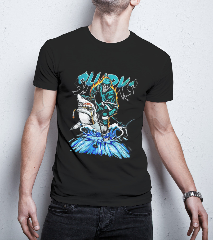 San Jose Sharks 90s Hockey Skull Flames Ice Shark Rider T-Shirt