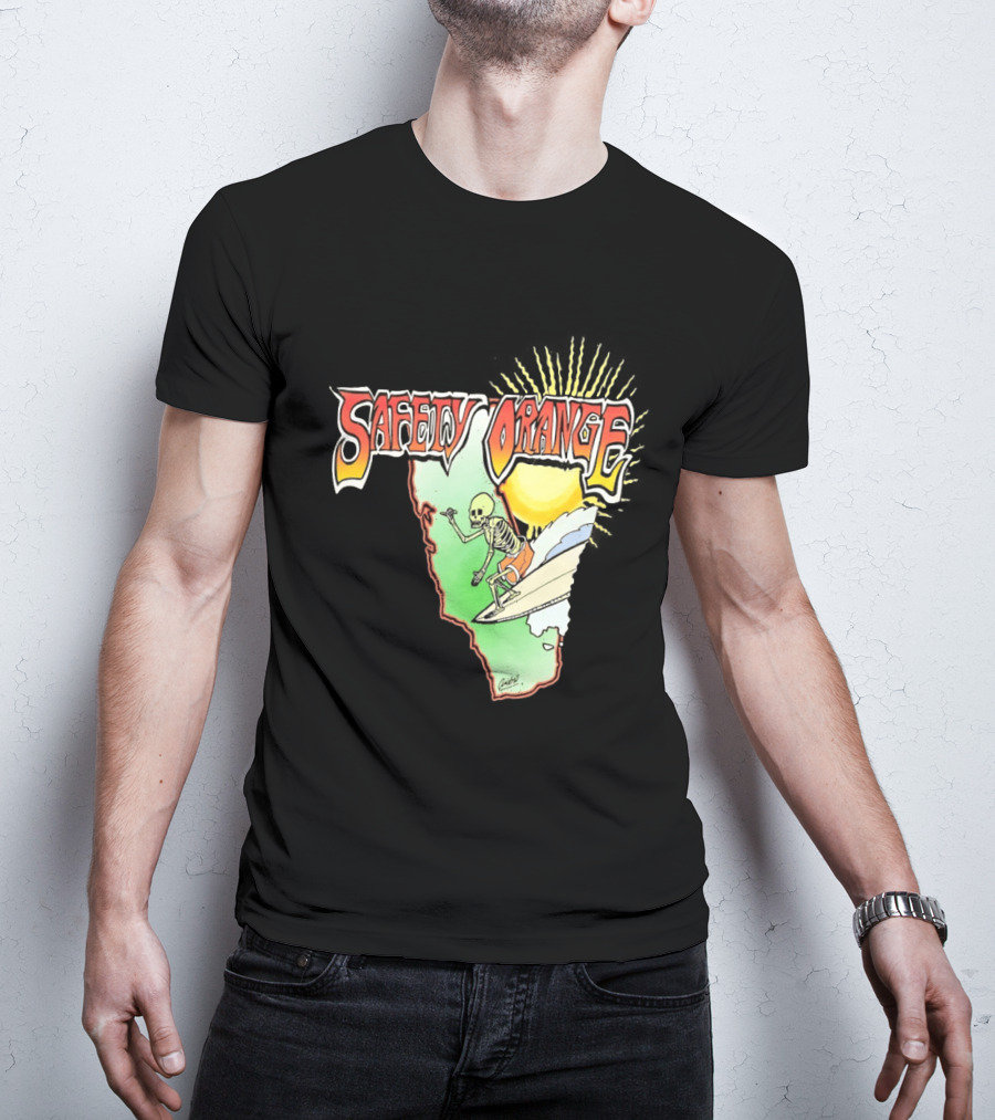 Safety Orange Skeleton Surfing Explosion Scene T-Shirt